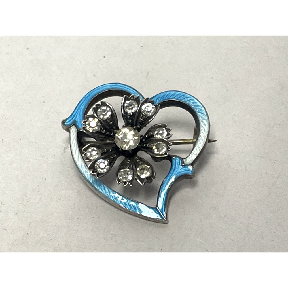 VTG Blue Guilloche Enamel Rhinestone Heart Flower Brooch Pin 1" Antique Style - Picture 6 of 12